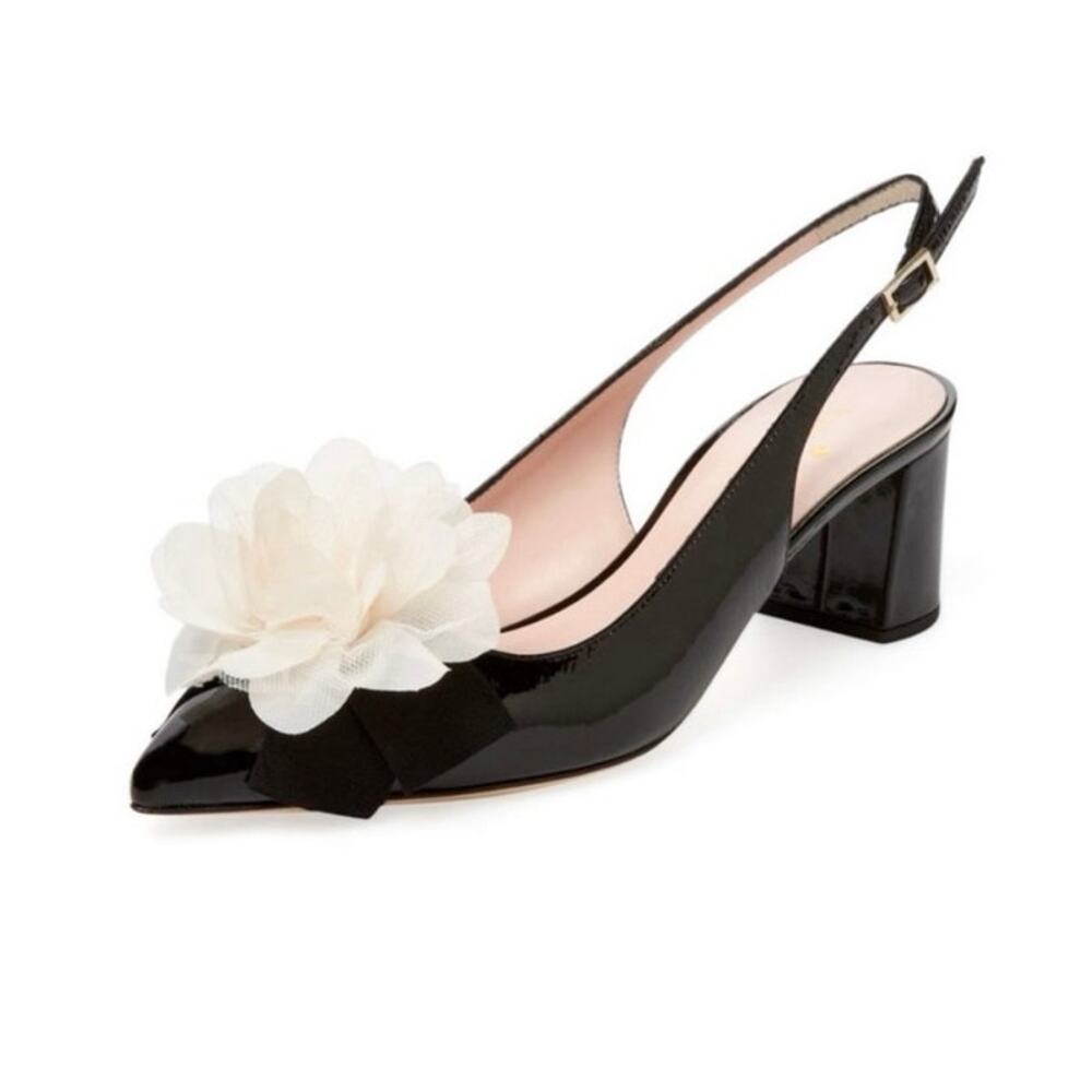Kate Spade NWT Mettie Black Crinkle Patent Slingback Pump Flower Heels, Size 9.5